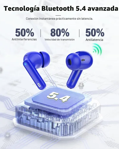 Miniatura 4 de Auriculares inalámbricos, Bluetooth 5.4, estéreo de bajos, auriculares con micrófono con cancelación de ruido, pantalla LED en el oído, llamadas Azul