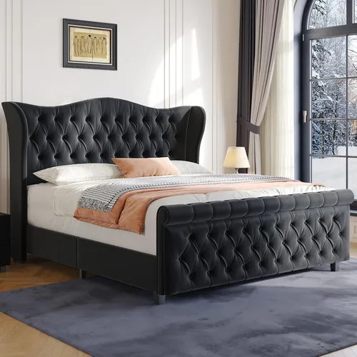 koorlian Base de cama Queen, cama tapizada en terciopelo con cabecero y estribo con alas de voluta, cama moderna de lujo y suave con botones, fácil