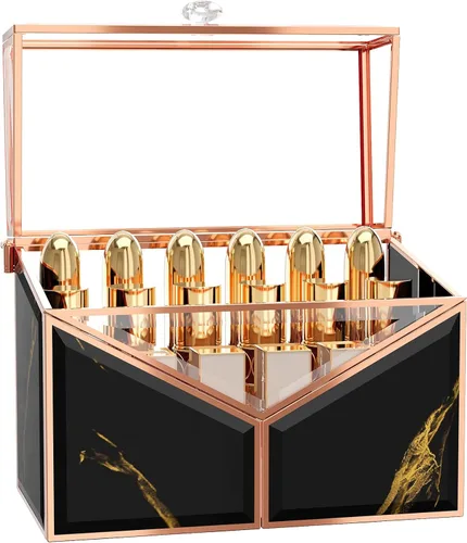 Organizador de pintalabios CoralHouse - Soporte de lápiz labial de vidrio negro y organizador de esmalte de uñas, organizador cosmético de tocador