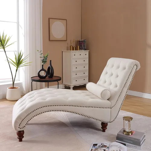 Miniatura 5 de Moderna tumbona de terciopelo para interiores con ribete de cabeza de clavo, sillón sin brazos con botones para interior con almohada lumbar y 4