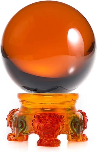 Amlong Crystal - Bola de cristal ámbar de 3 pulgadas (80 mm) con base de resina de león arcoíris y caja de regalo para bola decorativa, fotografía