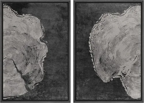 SIGNWIN Lienzo enmarcado para pared, juego de arte con anillos de árbol de bosque grunge en blanco y negro, ilustraciones de naturaleza silvestre,