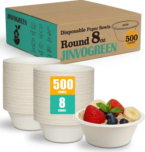 Miniatura 10 de JINVOGREEN 1000 cuencos de papel de 8 onzas, cuencos desechables compostables a granel, cuenco de bagazo biodegradable resistente para aperitivos