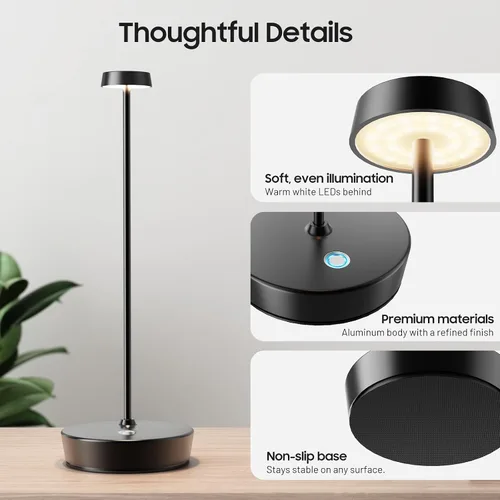 Miniatura 5 de Paquete de 2 lámparas de mesa LED inalámbricas, luz de mesa recargable, lámpara de mesa regulable de 3 colores, luz de mesa portátil