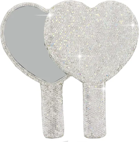 Espejo de mano con forma de corazón con diamantes de imitación, espejo de maquillaje portátil y deslumbrante para retoques sobre la marcha (color