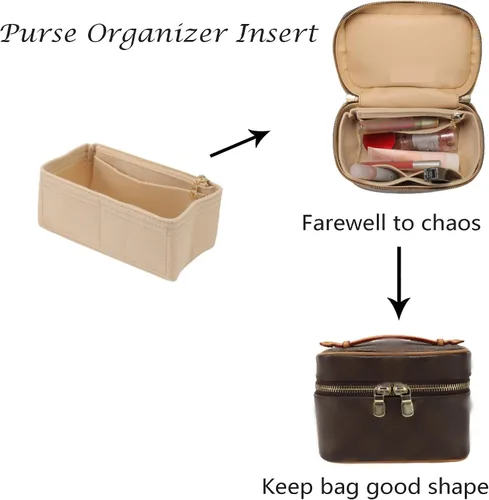 Miniatura 5 de Doxo Organizador de bolso para bolsos y bolsos, organizador de bolsa de fieltro con cremalleras, se ajusta a LV Nice Mini y más. (fieltro beige)