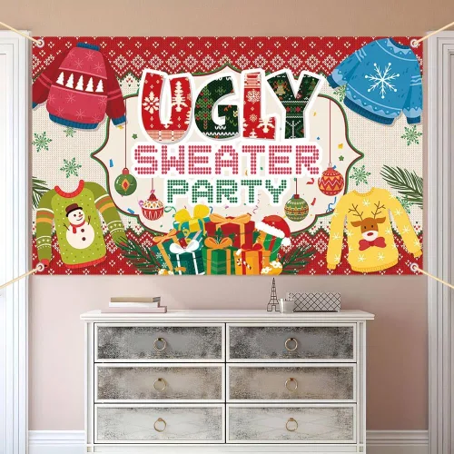 Miniatura 4 de AIBIIN Telón de fondo de fiesta de suéter feo para suéter de Navidad, decoración de fiesta, invierno, niños, fotomatón, pancarta de 6 x 3.6 pies