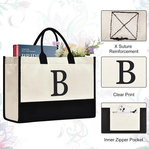 Miniatura 47 de Initial Canvas Tote Bag Birthdays Gift for Women Mom Teacher Friend Bridesmaid,Custom for Wedding Beach Holidays