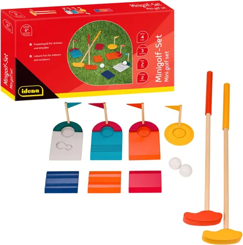 Idena 40383 - Juego de minigolf de madera, juego de golf de 11 piezas, incluye 2 palos, 2 pelotas de golf, 3 obstáculos y 4 agujeros con banderas,
