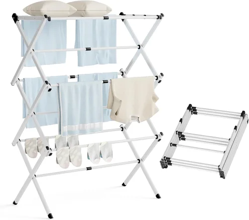 Estante de secado de ropa, estante plegable expandible de metal resistente para secar al aire la ropa, estante portátil de 3 niveles para ropa de