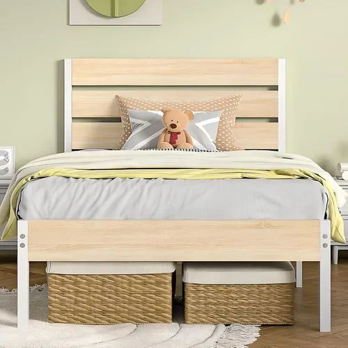 Miniatura 13 de VECELO Base de cama tamaño individual, plataforma de metal resistente con cabecera de madera, no necesita somier, color marrón antiguo