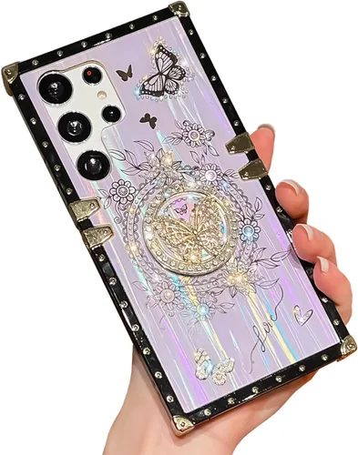 Miniatura 76 de Bonita funda compatible con Samsung Galaxy S22 Ultra, soporte plegable de lujo con diseño de mariposa brillante para mujeres y niñas, funda Blanco