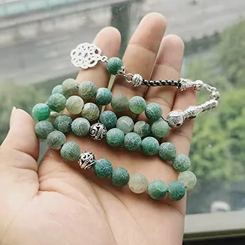 Miniatura 2 de ALBASHAN Tasbih Natural Green agate stone Blue Metal tassel 33 45 66 99 prayer beads islamic fashion stone Muslim Rosary (10mm x 45beads)