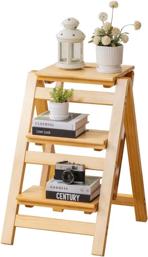 Miniatura 13 de Latifolia Escalera plegable de 3 escalones, taburete de madera con protector de suelo, estante decorativo para sala de estar, cocina, jardín (nogal)