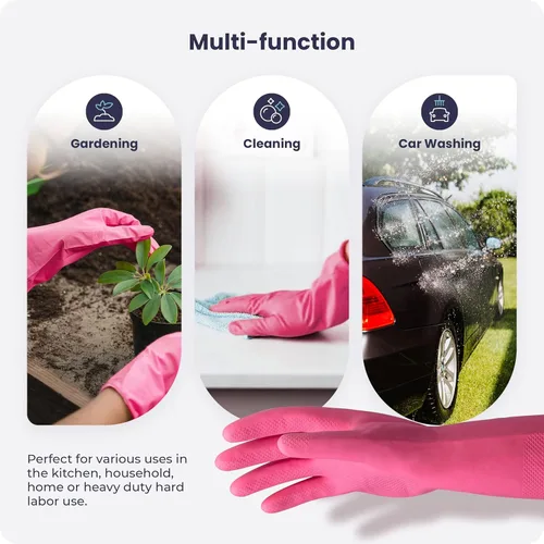 Miniatura 6 de Guantes para lavar platos, guantes de goma, guantes de cocina amarillos, guantes largos para protección de manos y trabajo Rosado