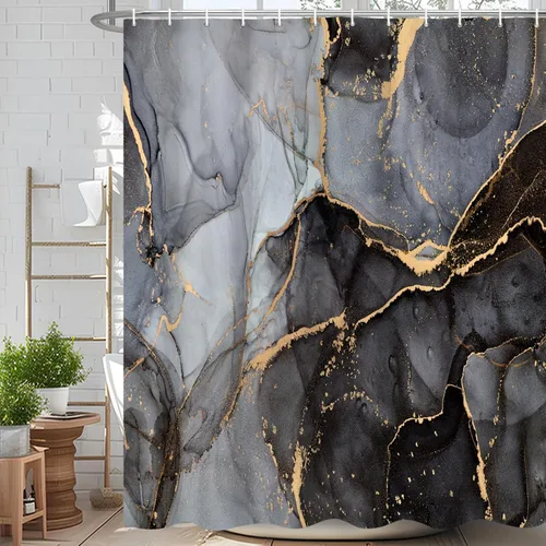 Miniatura 19 de Cortina de ducha abstracta de mármol negro gris y dorado con grietas, cortina de baño moderna ombre impresa, cortina impermeable y lavable de tela