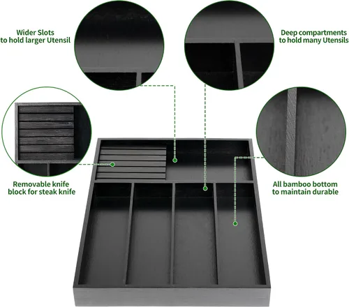 Miniatura 4 de VaeFae Organizador de cubiertos de bambú, soporte para utensilios para cajón, bandeja de cubiertos de madera con separador para cajón de cocina