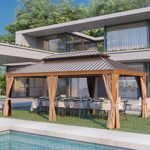 Miniatura 14 de Cenador de techo rígido de 12'x16', Cenador de patio de aluminio para exteriores con toldo de acero galvanizado de doble techo con malla y cortinas