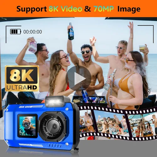 Miniatura 2 de Cámara digital subacuática 8K - MaxMango 70MP 33FT Cámara impermeable con tarjeta 64G - Cámara submarina para esnórquel flotante de doble pantalla