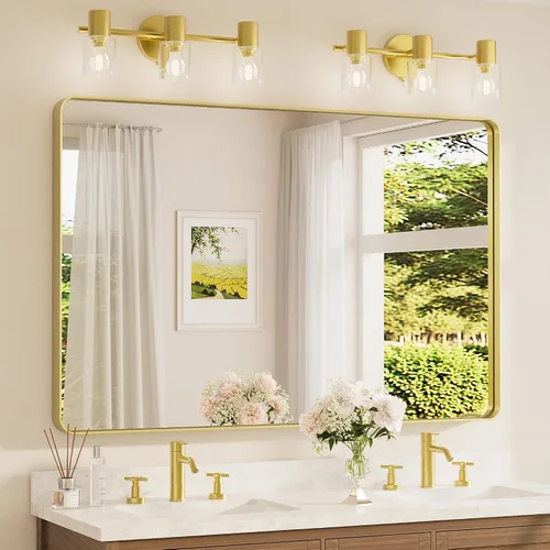 Miniatura 71 de TETOTE Espejo de marco dorado cepillado de 16 x 24 pulgadas, espejo de tocador de baño de latón dorado para pared, espejo enmarcado rectangular