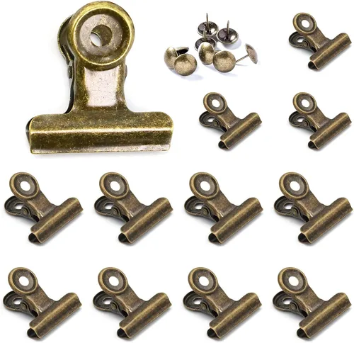 Miniatura 16 de YUCHIYA Paquete de 10 Clips Bulldog con Chinchetas para Tablero de Corcho, Clips de Metal para Manualidades, Clips Aglutinadores de Metal para Cobre