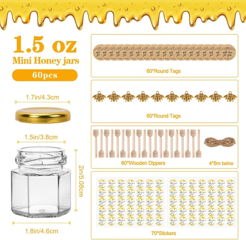 Miniatura 2 de Mini tarros de miel de 1.5 onzas – Paquete de 60 tarros hexagonales de vidrio con varitas de miel de madera, tapas doradas, colgantes de abeja