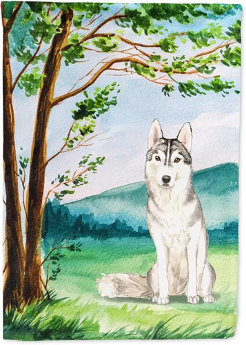 Caroline's Treasures CK2555GF Bandera de jardín de Husky siberiano bajo el árbol, bandera decorativa para patio exterior, obras de arte de patio,