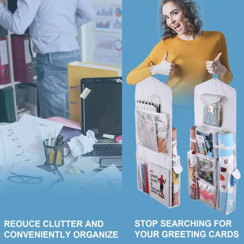 Miniatura 6 de Organizador de bolsas de papel de regalo colgante, doble cara para colgar puerta y armario, cinta de almacenamiento versátil, lazos para juguetes