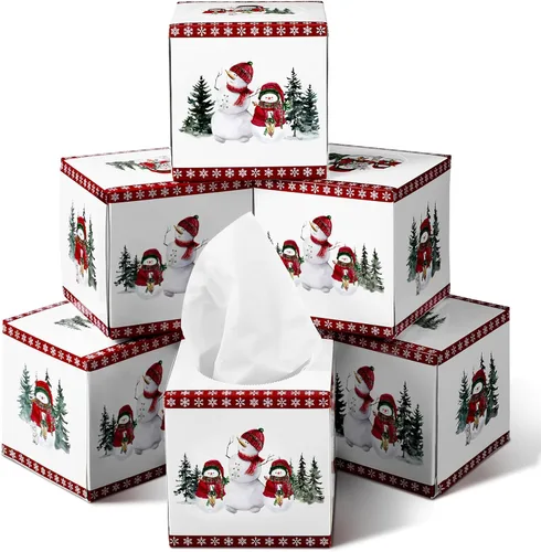 Yeaqee Paquete de 6 cajas cuadradas de pañuelos faciales de Navidad, 480 hojas, muñeco de nieve, copo de nieve, papel de Navidad, pañuelos, caja de