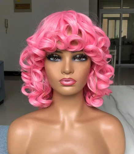 Miniatura 10 de Pelucas cortas y rizadas para mujeres negras, peluca rizada afro con flequillo, rizos sueltos, lindos rizos, pelo sintético para mujeres Negro
