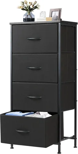DUMOS Mesita de noche con 4 cajones, mesa de noche con contenedores de tela extraíbles, marco de acero resistente, organizador superior de madera,