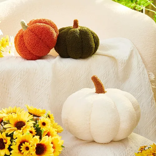Miniatura 6 de Juexica 3 piezas de almohada de calabaza de felpa esponjosa con forma de calabaza 3D, decoración de otoño, Acción de Gracias, Halloween, cojín