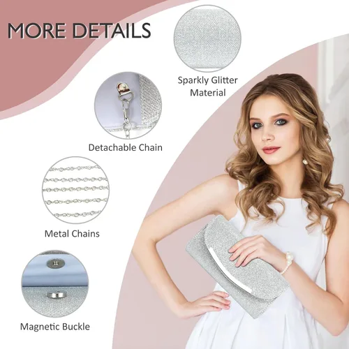 Miniatura 4 de Ubysoyi Bolso de mano con purpurina para mujer, bolso de noche, bolso de mano, de metal brillante, sobre formal, boda, baile de graduación, bolso