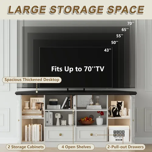 Miniatura 5 de Soporte esquinero de TV de granja para TV de 55 y 65 pulgadas, moderno centro de entretenimiento esquinero con toma de corriente, luces LED