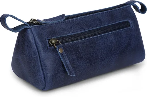Bolsa de maquillaje de cuero para mujer, bolsa de cosméticos de cuero genuino, bolsa de maquillaje hecha a mano con cremallera, bolsa de aseo Azul