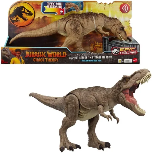 Mattel Jurassic World Chaos Theory All-Out Attack Tyrannosaurus Rex Figura de Acción de Dinosaurio Juguete, T. rex con Ataque Furioso, Mordida y