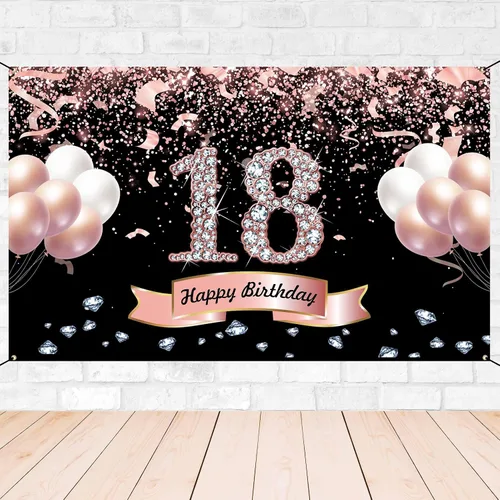 Trgowaul Decoraciones de cumpleaños de oro rosa - Cartel de cumpleaños número 18, telón de fondo para fiestas y fotos