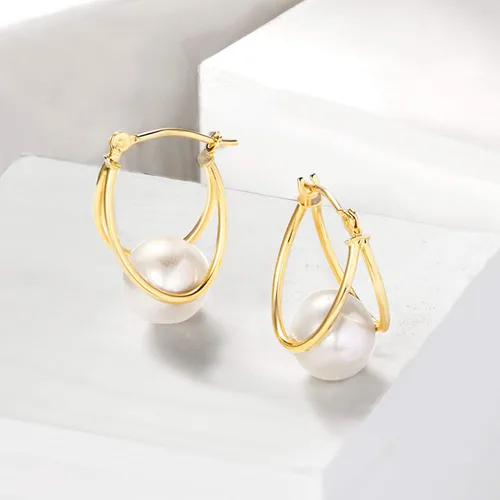 Miniatura 3 de Ross-Simons 8-9mm Cultured Pearl Double-Hoop Earrings in 14kt Yellow Gold. 34