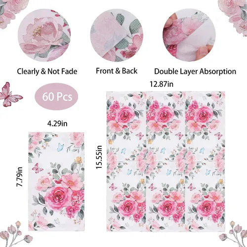 Miniatura 6 de Servilletas de papel florales para platos, 60 servilletas desechables largas para decoración de fiesta, boda, cumpleaños, baño (rosa)