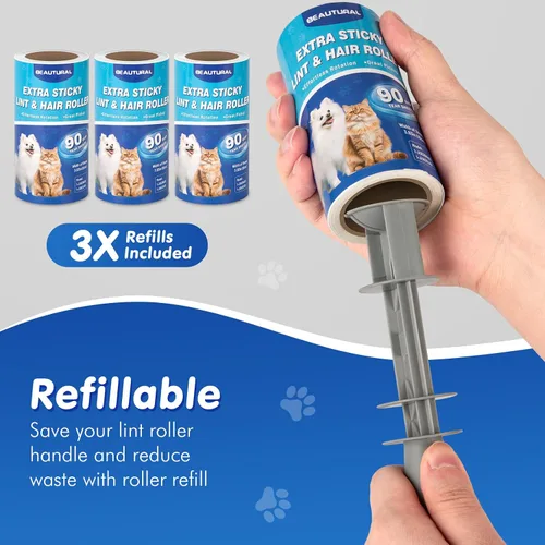 Miniatura 6 de BEAUTURAL Rodillo de pelusa, extra pegajoso, 360 hojas para eliminación de pelo de mascotas, removedor de pelusa de perros y gatos, paquete de 4