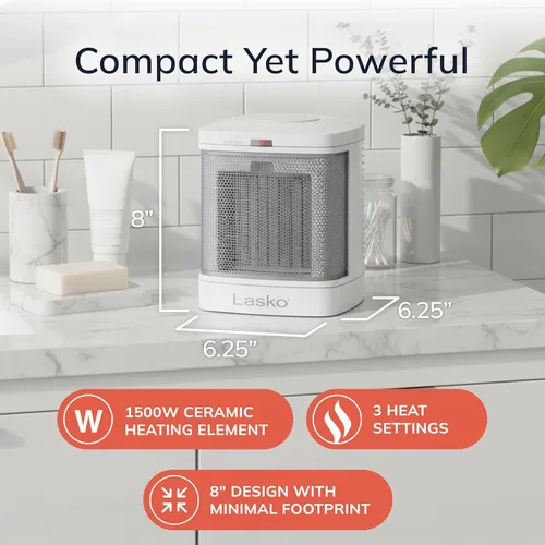 Miniatura 6 de Lasko Calentador Eléctrico Portátil de Cerámica para Espacio con Enchufe ALCI para Uso en Baño, 2 Ajustes de Calor y Botón de Calor Simple, 8