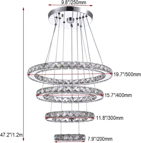 Miniatura 5 de Candelabro LED moderno contemporáneo de 2 anillos, luz colgante ajustable de acero inoxidable y cristal, accesorio de iluminación de techo