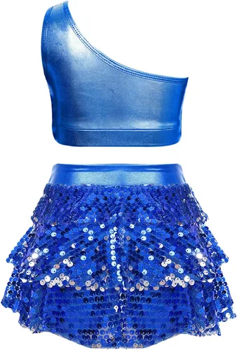 Miniatura 13 de JEATHA Top corto con borlas y lentejuelas brillantes para niñas, con minifalda, jazz latino, salsa, samba, rumba, baile