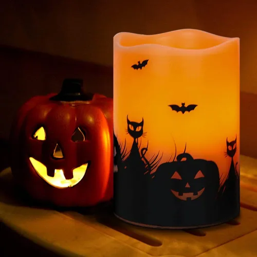 Miniatura 6 de Velas de Halloween sin llama con temporizador de 6 horas, velas LED naranjas parpadeantes de cera real, bruja, murciélagos, castillo, calcomanías