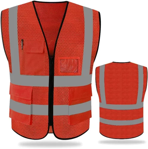 FEimaX Chaleco de seguridad de alta visibilidad, chaleco de trabajo reflectante de malla para hombres y mujeres con bolsillos y cremallera, cumple