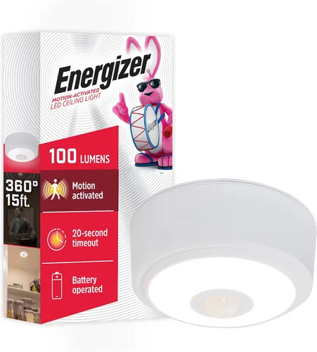Energizer Lámpara de techo LED activada por movimiento, funciona con pilas, 100 lúmenes, no necesita cableado, detección de movimiento de 15 pies,