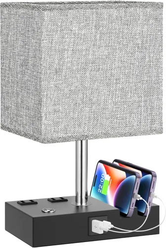 Kakanuo - Lámpara de mesa con control táctil, dos puertos de carga USB, salidas de corriente y soportes para teléfono, color gris, para mesita de