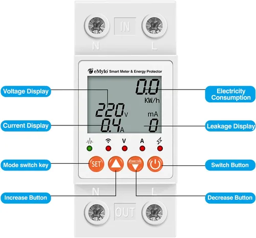 Miniatura 7 de eMylo - Medidor de vatios inteligente monofásico AC 63A 80-400V, medidor de energía WiFi Tuya Control remoto, interruptor de circuito y protección