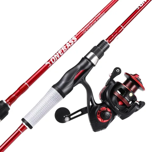 Combo de Carrete y Caña de Pescar One Bass Spirit Flame, Caña de Pescar Giratoria con Blancos de Grafito de 2 Piezas, Guías de Acero Inoxidable Rojo