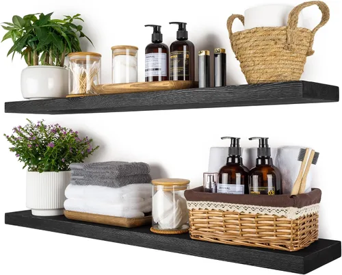 Miniatura 30 de BGMG Estantes flotantes de madera de 12 pulgadas, estantes flotantes negros, estantes de pared de madera maciza para baño, sala de estar